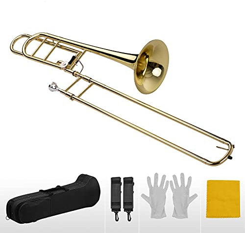 Trumpets Beginner Upgraded Intermediate Bb Flat Tenor Slide Trombone with F Trigger Including Mouthpiece Carry Case Gloves Cleaning Cloth Trumpet Set