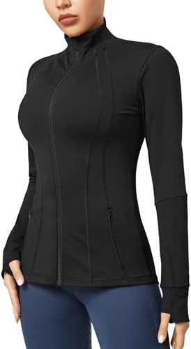 Queenie Ke Women's Slim Fit Running Jackets - Long Sleeves Athletic Workout Gym Tops with Back Mesh Vent & Thumb Holes (Black, Medium)