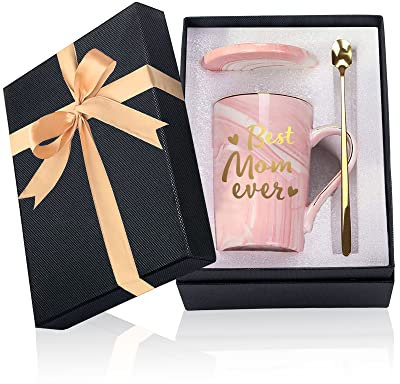 Best Mom Ever Kaffeebecher, Muttertagsgeschenke für Mama von Tochter Sohn, 14OZ (400 ml) Keramik Marmorbecher Teetasche mit Deckel Goldenem Löffel und Geschenkbox