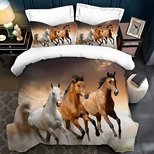 Set copripiumino Cavallo Stampa 3D, Set di biancheria da letto per bambini 3 pezzi, Copripiumino in microfibra con cerniera e federa, per ragazzi, adolescenti (220 x 240 cm, Tre cavalli)