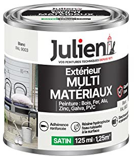 Julien Peinture Multi-Matériaux Satin en phase Aqueuse - Bois, Fer, Alu, PVC, Zinc, Acier galvanisé, brut ou peint - Blanc 0,125 L