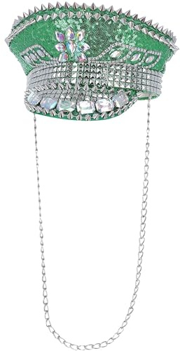 Smiffys Sombrero de capitán Fever Deluxe con adornos de lentejuelas, verde, con cadena