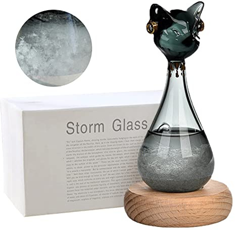 Tuzsocr Verre Tempête Station Météorologique, Bouteille de Prévisions Météo avec Socle en Bois, Baromètre à Cristaux en Forme de Chat Égyptien, Cadeau Original pour Anniversaires Féminins (Noir)