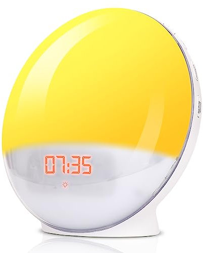Ledivion Sunrise Alarm Clock - Wake Up Light with Sunrise/Sunset Simulation, Snooze Function, 11 Colours, 8 Natural Sounds and Built-in Phone Charging Port