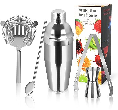 750ML Coctelera, 5 Piezas Juego de Cocktail Shaker INOX, coctelera Profesional Herramientas con Medidor, Cuchara, para Mezclar Bebidas, Hogar, Barra, Fiestas (Plata)