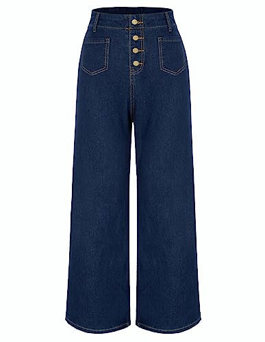 Belle Poque Jean pour femme - Taille haute - Large - Avec boutonnière - Taille élastique - Loisirs, bleu foncé, S