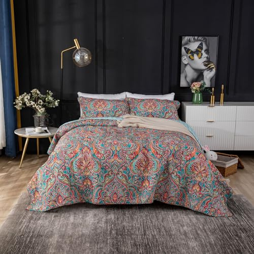 YASMENG 100% Cotton Boho Quilt Set Full Queen Size Colorful Gorgeous Paisley Mandala Floral Reversible Quilted Bedding Bohemian Vibrant Exotic Soft Breathable Bedspread Coverlet Set for All Seasons