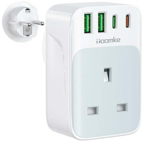 UK to European Adapter Plug, PD 35W Fast Charge USB C European Travel Adapter with 4 USB Ports, UK to EU Plug Adaptor for Germany France Spain Turkey Iceland Greece Poland and More(Type E/F)