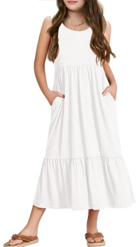 Haloumoning Vestidos de niña de verano sin mangas vestido de cuello redondo sin mangas vestido de tirantes para niños vestido largo casual vestido de verano, Blanco, 12-14 Años