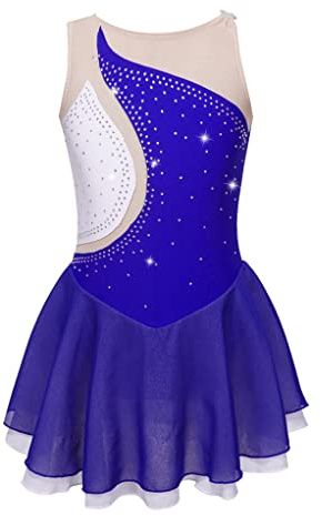 Zaldita Vestido de patinaje artístico para niña, sin mangas, vestido de patín con diamantes de imitación, vestido de ballet, traje de ballet, ropa de competición, azul cobalto, 122-128