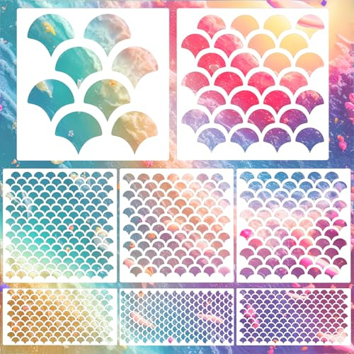 8 plantillas de escamas de peces, 8 tamaños de plantillas de maquillaje de cara de sirena para manualidades, cuerpos, muebles, paredes y manualidades