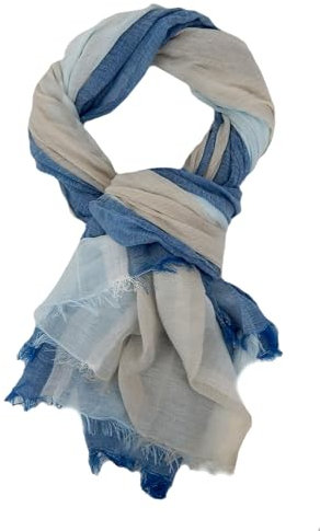 Ella Jonte Herren Schal – Leichter breiter Baumwoll-Viskose Schal mit Blockstreifen – Weicher Herrenschal mit Fransen – Frühling Sommer Herbst – 210 x 100 cm – Blau Beige Weiß/Grau/Rot