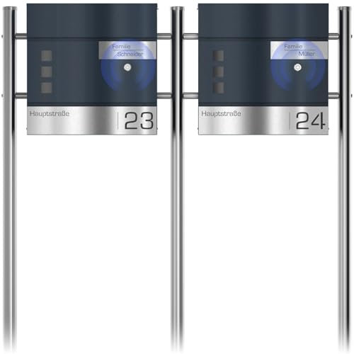 Graviers Design Cassetta postale doppia con campanello radio e supporto - Cassetta postale antracite RAL 7016 personalizzata in acciaio inox nome via numero civico - Serratura a finestra