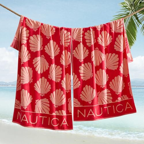 Nautica - Oversized Beach Towel Set, Soft Plush Velour Towels with Hanging Loop, Quick Dry & Absorbent, Beach Vacation Essentials for Adults & Travel (Seashell Seashore Pink, 2-Pack)
