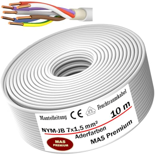 MAS Premium Feuchtraumkabel Stromkabel 5-100m Mantelleitung NYM-JZ 7x1,5 x2,5 NYM-JB 7x1,5 (Aderfarben) Elektro Strom Kabel Installationskabel OFC für feste Verlegung (NYM-JB 7x1,5, 10m)