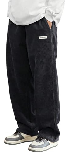 GORGLITTER Pantalones de pana para hombre, holgados, largos, informales, anchos, pantalones de pana con bolsillos, pantalones de ocio con cordón, cintura elástica, trajes de otoño, Negro , M
