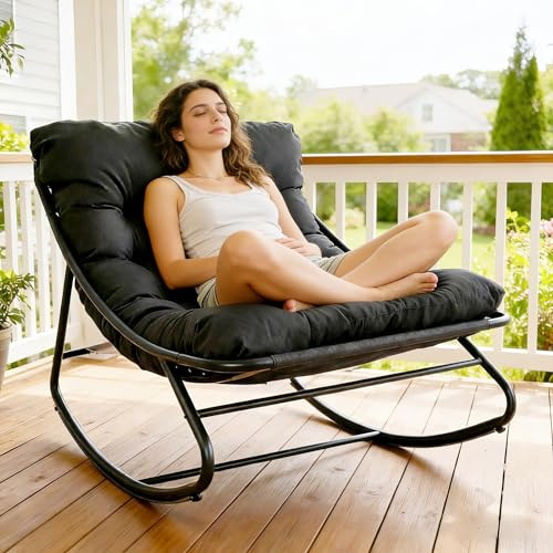 Fauteuil à Bascule avec Coussin, Chaise a Bascule d'Intérieur et d'Extérieur, Rocking Chair avec Repose-Pieds, Chaise Papasan, Cadre en Métal, Capacité 150 kg, pour Jardin Patio Salon Balcon
