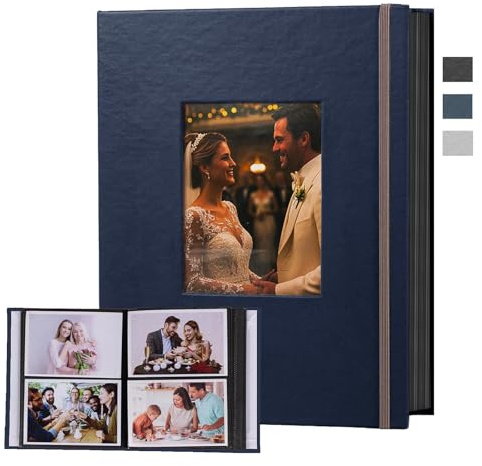 Photo Albums 6x4, 200 Photos Slip In, Customizable Cover, Leather-Hardcover, Picture Albums with ties for Wedding Albums, Anniversary, Family Photo Books Baby Albums and Travel Memories(Blue)