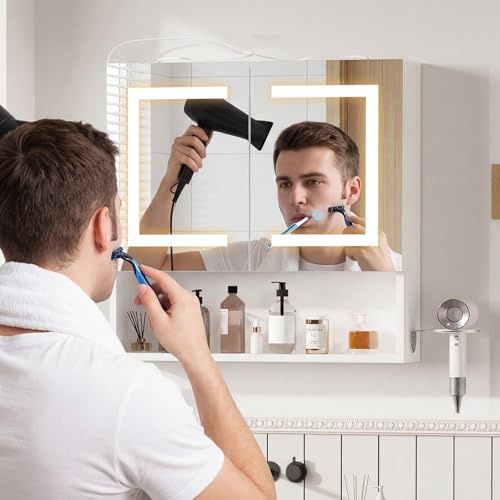 ELUCHANG Specchio Bagno Contenitore con Luce LED, 2 Ante mobile specchio bagno, Memoria Luminosità, Sospeso Salvaspazio 60x16x60 cm,3 Mensole Regolabili, Bianco