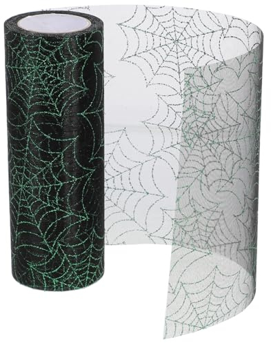 DIYEAH Cinta de Telaraña de Organza para Manualidades Halloween 15 CM X 9 M Tela Decorativa Negra y Verde Gasa de Telaraña para Decoración de Fiestas y Ramos