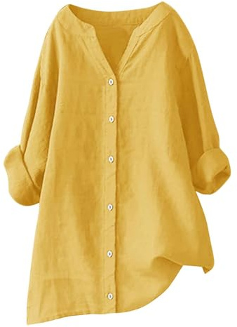 Womens Linen Tops UK Long Sleeve V Neck Button Down Solid Summer Cotton Linen Blouses Casual Fashion Loose Lightweight Comfy T-Shirt Woman Tshirt Yellow L