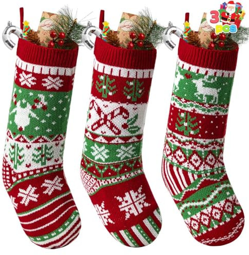 JOYIN 3 Pack 18” Christmas Stockings, Large Size Rustic Cable Knit Xmas Stocking in Red & Green, for Family Holiday Season Decorations