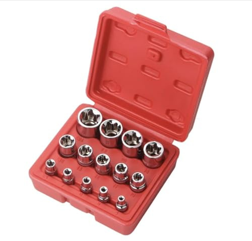 14 PCS E Torx Star Socket Set, Torque Socket Set 1/4 3/8 1/2 Drive External E4 - E24 Chrome Vanadium Steel Tools Kit with Case for Fasteners Removal in Motorcycle Car Vehicle