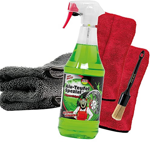 Set di pulizia dei cerchioni: Tuga Chemie Alu Teufel speciale detergente per cerchioni gel 1 litro + pennello Nuke Guys + 2 guanti di precisione Nuke Guys + panno asciutto detailmate 1000 GSM