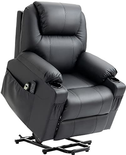 HOMCOM Fernsehsessel mit Aufstehhilfe Elektrisch, Relaxsessel mit Massagefunktion, Liegefunktion, Ruhesessel mit Becherhalter, Fernbedienung und Seitentasche, Schwarz