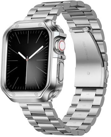 BINLUN Bracelet Compatible avec Apple Watch 45mm 44mm 42mm Bracelets Montre Acier Metal avec Boîtier en TPU Compatible avec iWatch Serie SE/SE2/9/8/7/6/5/4/3/2/1 Homme Femme(Argent,42mm/44mm/45mm)