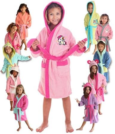 LEBENGOOD Accappatoio da bambina, 100% cotone Oeko-Tex®, 2 tasche, cintura, cappuccio, morbido e in spugna con ricami, per bambini, Liocorno (Unicorn), 6-8 anni