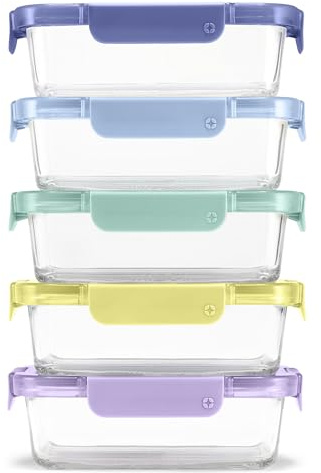 Ello Color Lock 3.4 Cup 10PC, 5 Pack Glass Meal Prep Sets Leak-Proof Glass Food Storage Containers with Airtight BPA-Free Plastic Lids, Dishwasher, Microwave, and Freezer Safe, Purple Rain