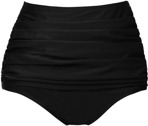 COCOPEAR Women's High Waisted Full Coverage Bikini Bottom Ruched Bathing Suit Bottoms for Women Tummy Control Swim Bottoms Black L