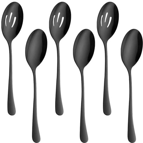 6PCS Stainless Steel Serving Spoons Set,Includes 3 Serving Spoons and 3 Slotted Spoons,Dessert Spoons Advanced Performance Skimmer,Large Serving Spoons for Buffet, Party, Banquet, Kitchen (Black 02)