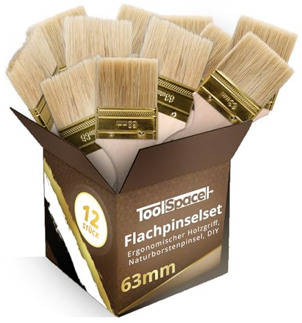 ToolSpace Set de Pinceaux Plats - 12 pcs - 63 mm - Kit de Peinture, Brosse Fine, Peindre Les Murs, Les endroits Difficiles d'accès, Pinceau Brush avec Poils Naturels - Manche Ergonomique en Bois, DIY
