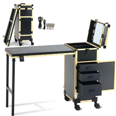 EBANKU Table De Manucure Professionnelle à roulettes 360°, Table à Ongles Portable, Pliable, De Voyage, pour CosméTiques, avec Tiroirs, Miroir, Lecteur Bluetooth, Noir Et Or