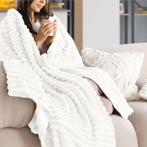 Dreamzie Manta Terciopelo para Sofa y Cama - Franela Súper Suave, Mantas para Sofa y Cama, Plaid Cama Ligera para Niño y Mascota, 130x150cm Blanco