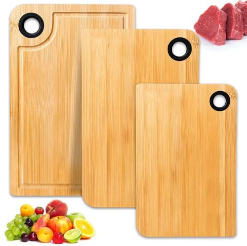 Lot de 3 planches à découper en bambou bio avec rainure à jus et trous de suspension - Planche à découper en bois réversible - Sans BPA - Pour fruits, viandes, légumes, fromages