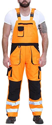Grunge Wear® Mens High Visibility Workwear Dungaree Overalls with Elasticated Back Brace and Adjustable Ankle Hem, Adjustable Two-Tone Hi-Vis Bib & Brace with Knee Pad Pockets (Orange, L)