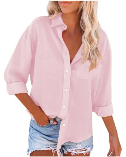 Poamen Leinenhemd Damen Locker Baumwolle Große Größe S-5XL Langarm Tuniken Tshirt Mit Taschen Hemdbluse Elegant Leicht und Luftig Leinenbluse Einfarbig Longbluse Tops Leichte Oberteile(A1-Pink, XL)
