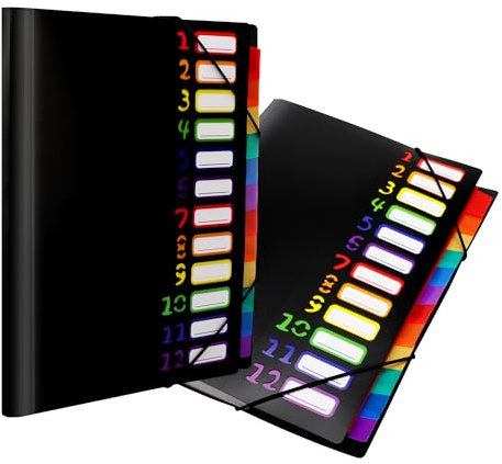 Elalove 2 stuk Dokumentenmappe A4, 12 farbige Fächer aus PP-Kunststoff Organizer Mappe, wasserdicht – für Dokumente, Urkunden, Karteikarten (320x250 mm), Büro & Schule