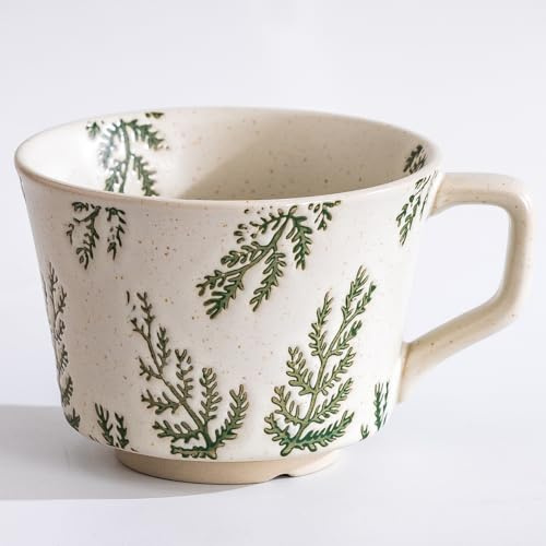 Tvvtuww Small Ceramic Mug 1pc, 11oz - Vintage Coffee Mug, Handmade Pottery Cup for Milk, Latte, Cappuccino, Tea - Porcelain Dishwasher, Microwave Safe Stoneware Green Leaf