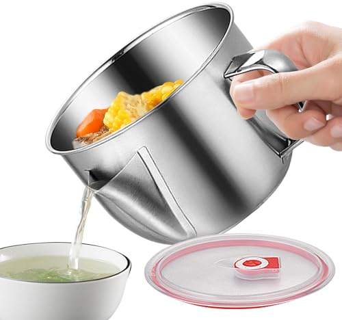Separatore di grasso, in acciaio inossidabile, colino per sugo con coperchio, 18 x 10 cm, gadget da cucina per salsa di carne, manico per rimuovere grasso, separatore di olio efficiente per zuppe e