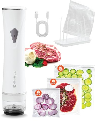 GIRAFFYCO Compact Handheld Vacuum Sealer Set with 30 Reusable Bags
