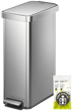 EKO Hudson Slim 50L / 13.2 Gallon Kitchen Trash Can with Lid, Stainless Steel Step Garbage Can for Kitchen or Home, Space-Saving Garbage Can with Soft Close Lid, Stay-Open, Liner Ring, Handle