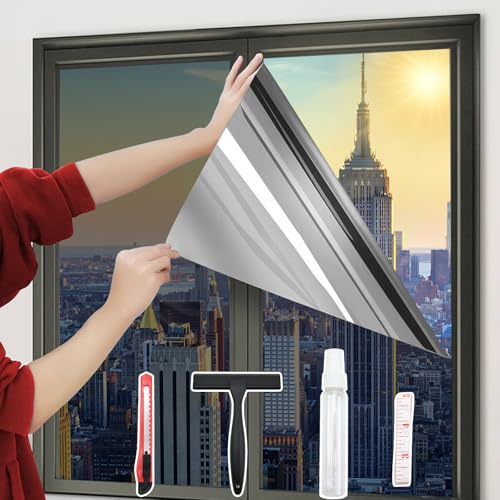 Heiwinner One-Way Window Privacy Film with 4 Tools,Static Cling, Easy to Install & Remove, Window Tint for Home, Heat Control, UV and Light Blocking, Privacy Protection-Black-Silver 17.5x78.7