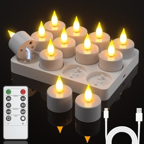 Ymenow Rechargeable Tea Lights 12pcs Battery Flameless LED Tea Light Candles Flickering with Timer Remote Control Electric Tealights with Charging Base for Home Table Wedding Christmas Halloween Decor