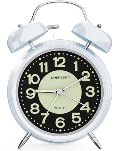 CHEREEKI Sveglia Analogica da Comodino Vintage Doppia Campana Allarme Forte Rumoroso con Luce Notturna e Fluorescente Batteria (Incluse le Batterie)
