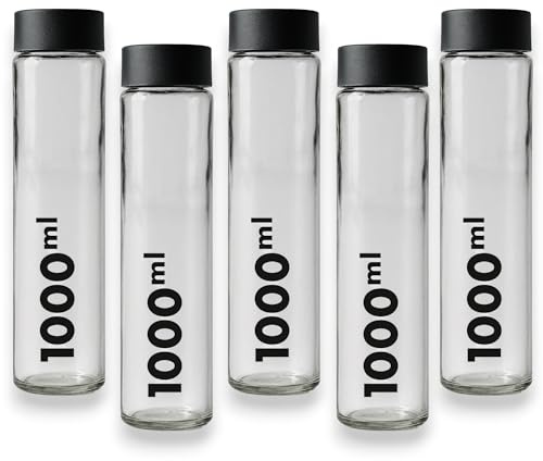 KORAT - Set 5 Bottiglie in Vetro 1 Litro con Tappo Ermetico – Bottiglie Acqua Riutilizzabili 1000 ml – Borracce in Vetro per Frigo, Succhi, Bevande Detox e Tè Freddo – 7x7 cm Altezza 29 cm
