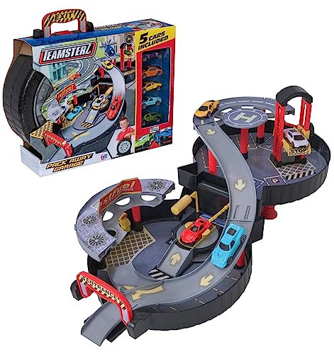 Teamsterz Pack-Away - Garaje de 2 Niveles | Juego de Coche con Lavado de automóviles, Pista y Ascensor | Funda de Transporte fácil de Plegar | Incluye 3 Coches fundidos a presión | Juego de Garaje de